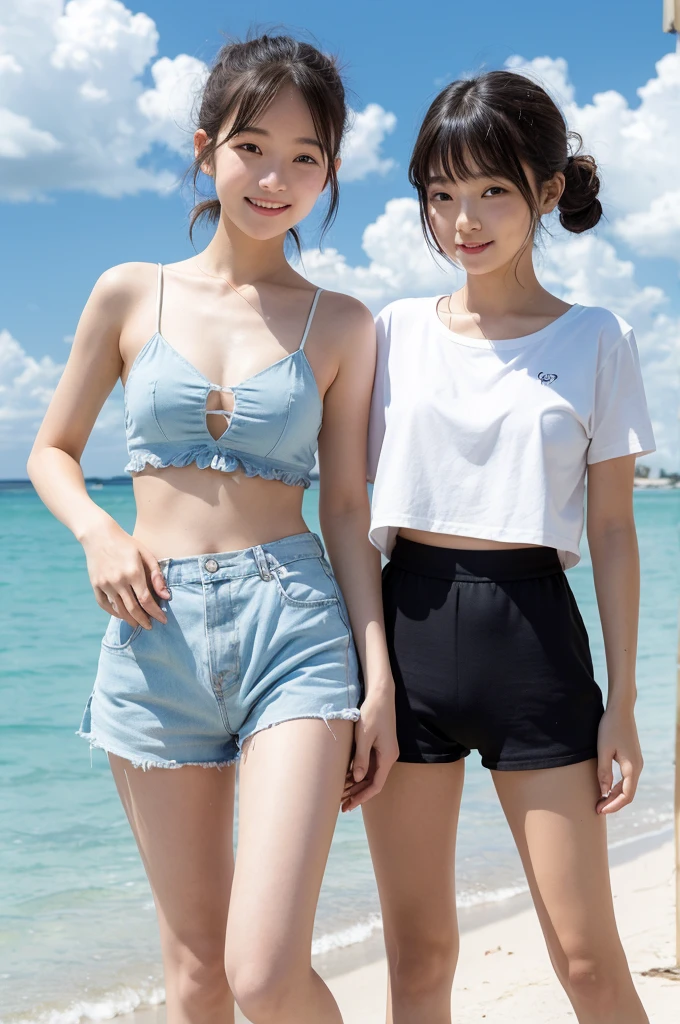 2 girls in beach,cumulonimbus cloud in summer sky,short-sleeved sailor shirt,white thong,18-year-old,bangs,a little smile,thighs,knees,short hair with low pigtails bunches,from below,front light