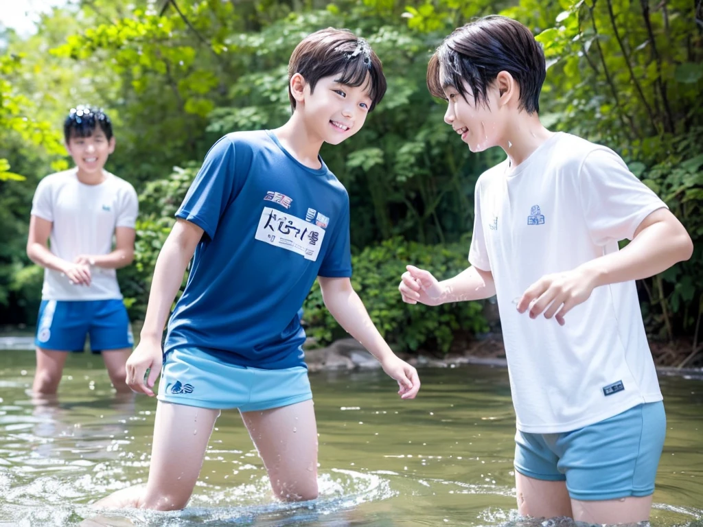 In the forest、Swimming in the river、Cool and refreshing water、Cute boy、Popular  actors、１０Year old boy、The boys are playing、Get wet all over、Noisy boys、Splashing Water、Boy in gym clothes、The bottom of the white T-shirt is blue、Blue shorts、Japanese、（Boy 1.4）