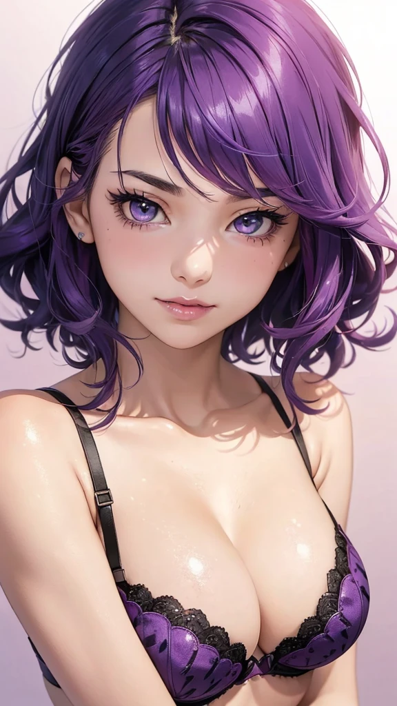 (Upper body photo), Beautiful Face, Highly detailed face and skin texture, (Beautiful Eyes), Brown eyes, double eyelid, Thin eyebrows, Glitter Eyeliner: 1.2, Natural Cheeks, Shiny skin, Fair skin, (((Black and purple bra))), (Glossy Lips: 1. 4), (Captivating smile), (20-year-old), (Wavy Hair, Diagonal bangs), ((pink and blue hair)),short hair, ((Upper Body Shot)), ((Focus on the chest and face)), ((Big Breasts、Cleavage))