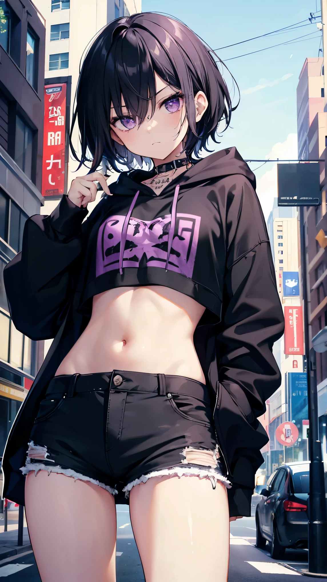 High resolution,high resolution,Girl,Black Hair,Short Hair,Purple Eyes,Slanted Eyes,Bad mood,boyish,slender,Toned body,Street,hoodie,Tattoo,Food,Shorts,Black Mask