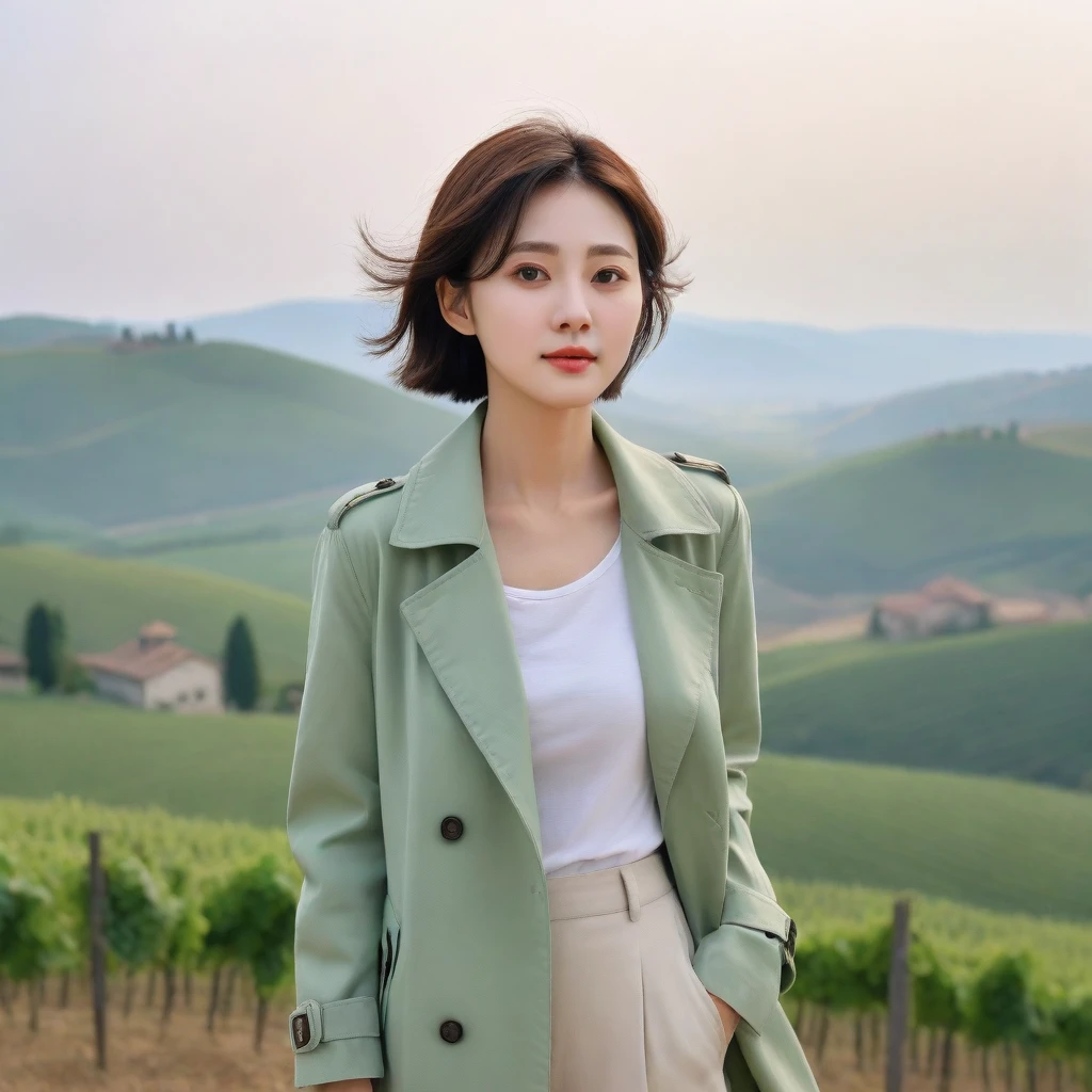 k Best picture quality, Beautiful 36-year-old Korean woman, You have good skin and big and pretty eyes... clear and nice weather. Chest size 34 inches, italian countryside, past the vineyard, The cathedral can be seen in the distance in thick fog.., The back background is realistic and vivid quality., Short and medium hair blowing in the wind, Wearing a light green casual trench coat over a t-shirt. beige casual pants, I'm smiling. Standing on a hill overlooking vineyards. the background is clear, Short and slim Korean woman, stand far away, Photo taken with a wide-angle lens, One woman with big and pretty eyes, eyes are round and big