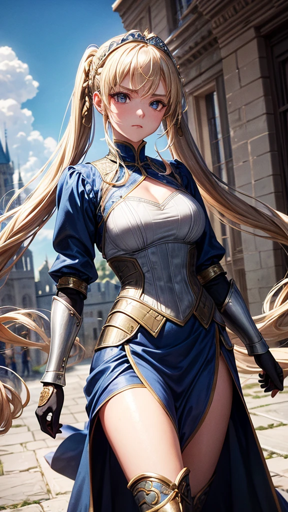 “Create a high-resolution, dynamic scene set in medieval Europe. The central figure is a glamorous woman with long blonde hair styled in twin tails, each adorned with braids. She has striking gray eyes and wears a suit of armor. In one hand, she wields a sword with confidence. The background features a majestic medieval European castle under a bright blue sky dotted with clouds. The scene captures her in a moment of fearless combat, evoking the epic feel of a movie. Pay attention to intricate details and ensure the image is vibrant and full of energy.”