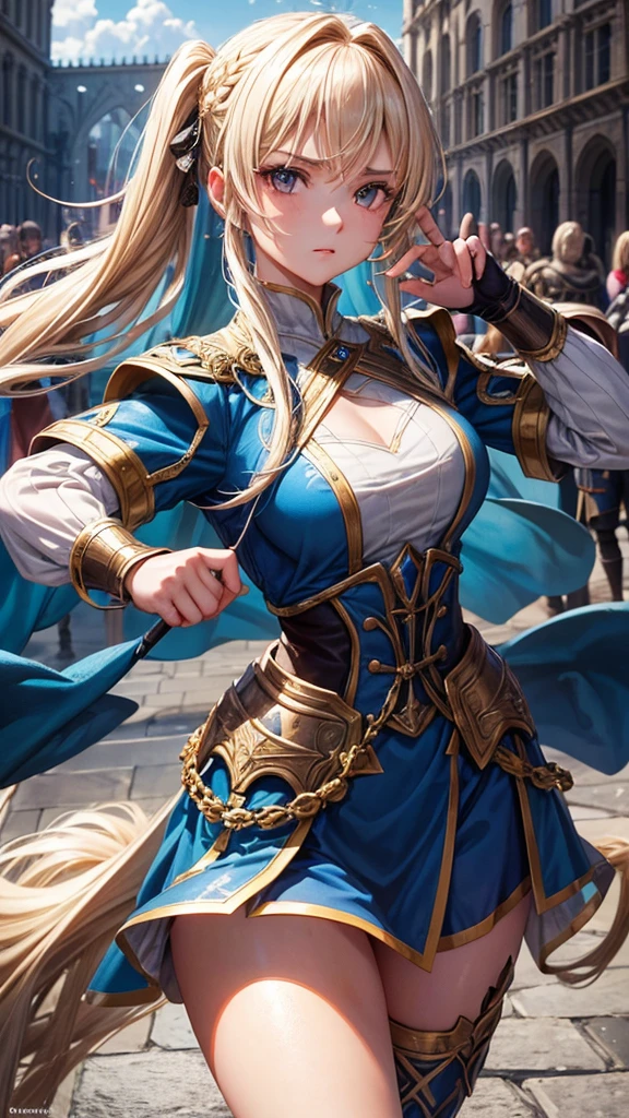 “Create a high-resolution, dynamic scene set in medieval Europe. The central figure is a glamorous woman with long blonde hair styled in twin tails, each adorned with braids. She has striking gray eyes and wears a suit of armor. In one hand, she wields a sword with confidence. The background features a majestic medieval European castle under a bright blue sky dotted with clouds. The scene captures her in a moment of fearless combat, evoking the epic feel of a movie. Pay attention to intricate details and ensure the image is vibrant and full of energy.”