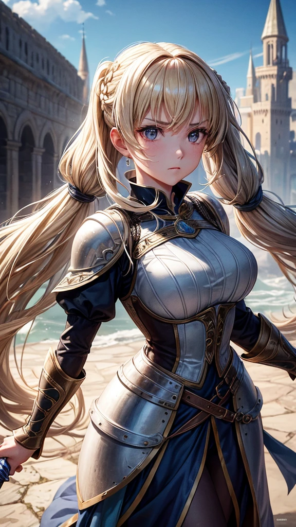 “Create a high-resolution, dynamic scene set in medieval Europe. The central figure is a glamorous woman with long blonde hair styled in twin tails, each adorned with braids. She has striking gray eyes and wears a suit of armor. In one hand, she wields a sword with confidence. The background features a majestic medieval European castle under a bright blue sky dotted with clouds. The scene captures her in a moment of fearless combat, evoking the epic feel of a movie. Pay attention to intricate details and ensure the image is vibrant and full of energy.”