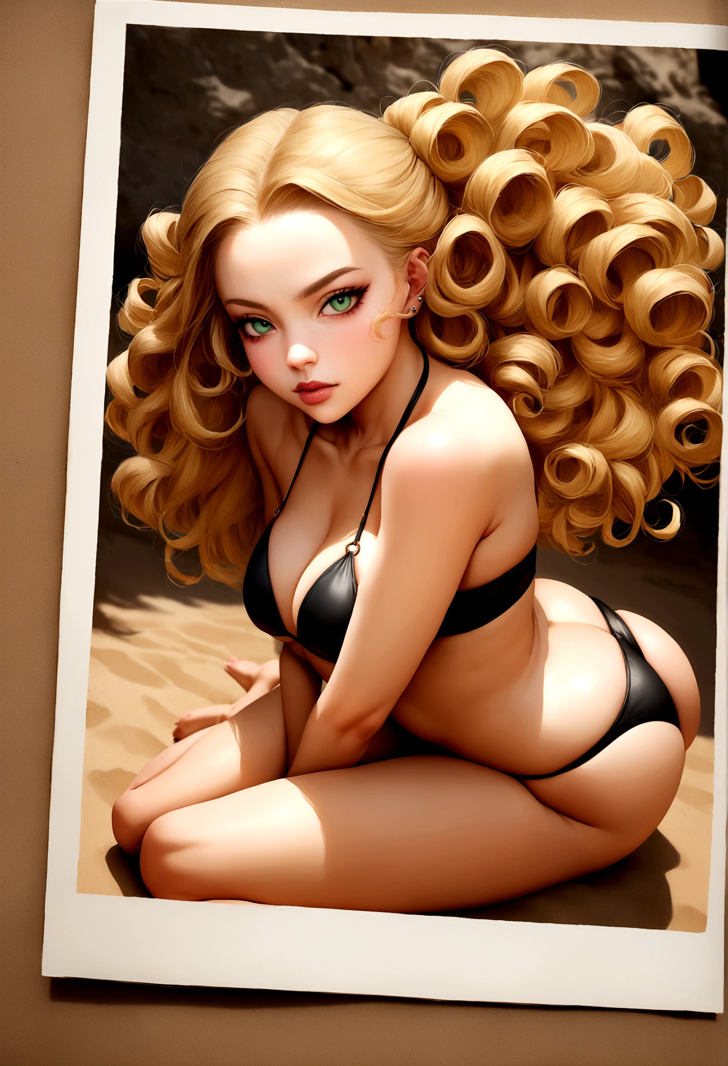 "Ultra-realistic full body image of a beautiful 21-year-old Afro-kenyan girl,Caramel peel, corps parfait, forte poitrine, nez fin,Taille fine, cheveux blond, Curly and curly hair karibean , piercing green eyes.hyper-realistic,anatomie correcte,Facial features are carefully represented,Boucles gratuites, curly blonde hair, (cour, curly blonde hair), Long curly wild blonde hair, cheveux multiversaux, cour, curly blonde hair, curly blonde hair, Boucles, wavy hair spread out, Boucles baroques, Boucles, Curly,Texture des cheveux, Curly bang,Photo ID,at a beach with big ,big ass with a sexy bikini