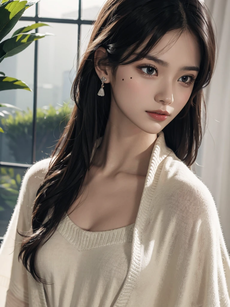 absurdres, RAW photo, extremely delicate and beautiful, masterpiece, Best Quality, ultra high resolution, 32k, hyperrealistic, ultra-detailed, delicate facial features, beautiful detailed woman, tearful mole, earring, medium breasts, full body shot, medium hair, black hair, solo, alone, (Tribe poncho),