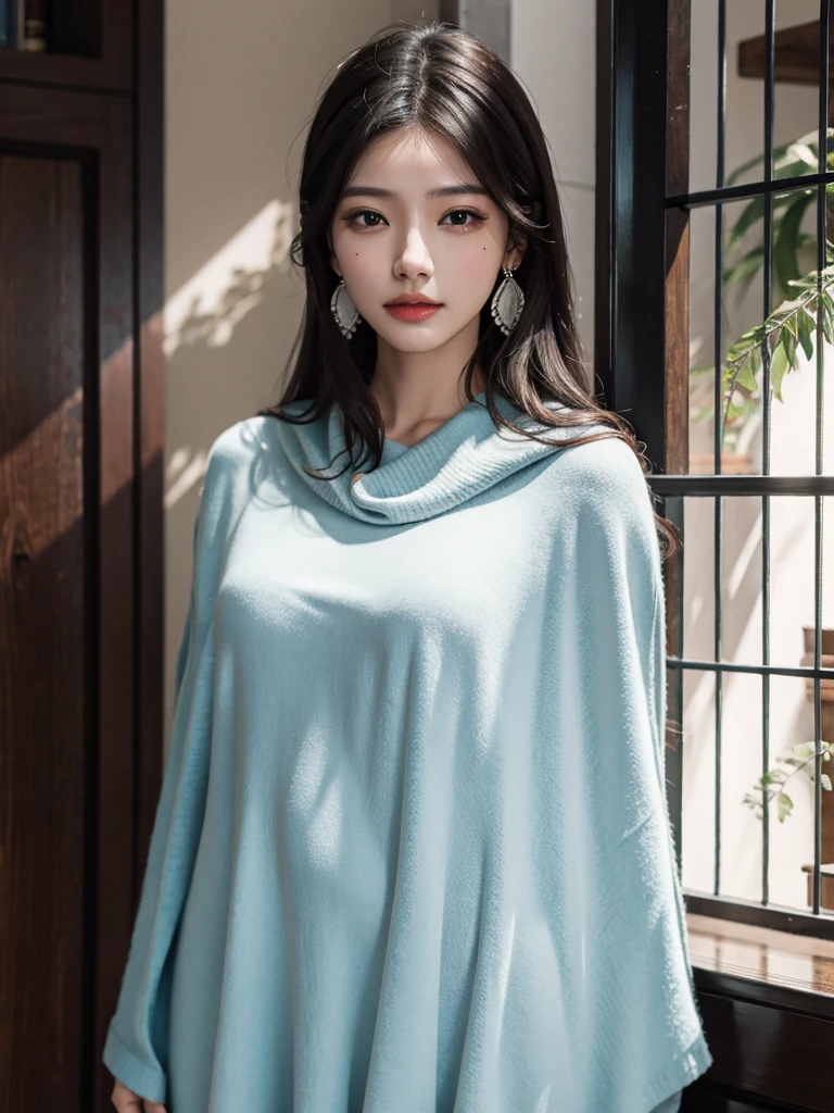 absurdres, RAW photo, extremely delicate and beautiful, masterpiece, Best Quality, ultra high resolution, 32k, hyperrealistic, ultra-detailed, delicate facial features, beautiful detailed woman, tearful mole, earring, medium breasts, full body shot, medium hair, black hair, solo, alone, (Tribe poncho),