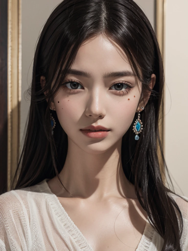 absurdres, RAW photo, extremely delicate and beautiful, masterpiece, Best Quality, ultra high resolution, 32k, hyperrealistic, ultra-detailed, delicate facial features, beautiful detailed woman, tearful mole, earring, medium breasts, full body shot, medium hair, black hair, solo, alone, (Tribe poncho),