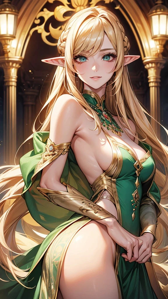 (Masterpiece: 1.2), (best quality: 1.2) 1 woman, Elf Woman, matures, high (1.85), Appears to be about 28 years old., she had long golden hair (gold), Straight and shiny hair with Korean bangs., Eyes as green as the most beautiful emeralds, Ultra-realistic eyes, ดวงตาที่มีรายละเอียดhigh, Eyes in proportion to your face, very detailed eyes, perfect eyes, Extremely realistic eyes, Eyes lined together, Long eyelashes, anime style , The ears are slightly pointed., Ears are in proportion to your face., Extra detailed ears, perfect ears, perfect face, A face that looks about 28 years old, full lips, smile, matures, white skin, Natural body, sexy body, MILF body, perfect hand, detailed hands, The hands are in good proportion to the body., realistic hand, The arm has good anatomy., She wore only a flawless emerald green dress that still couldn't hide her large breasts that were sagging due to her size., thick thighs, wide hips, looking at the audience, Background settings, It is in an elf forest with a wooden house in the background., posing alone looking at the audience