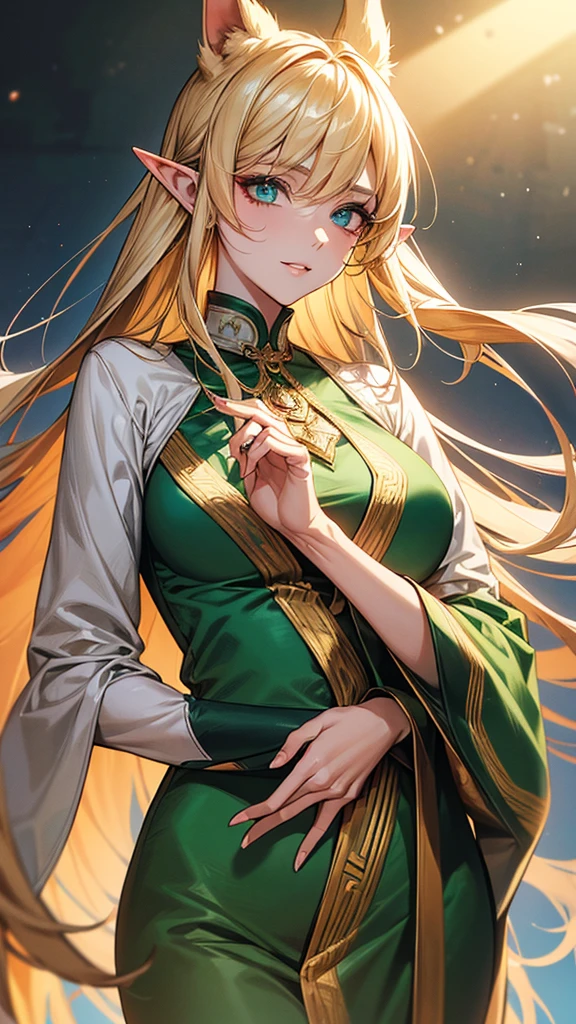 (Masterpiece: 1.2), (best quality: 1.2) 1 woman, Elf Woman, matures, high (1.85), Appears to be about 28 years old., she had long golden hair (gold), Straight and shiny hair with Korean bangs., Eyes as green as the most beautiful emeralds, Ultra-realistic eyes, ดวงตาที่มีรายละเอียดhigh, Eyes in proportion to your face, very detailed eyes, perfect eyes, Extremely realistic eyes, Eyes lined together, Long eyelashes, anime style , The ears are slightly pointed., Ears are in proportion to your face., Extra detailed ears, perfect ears, perfect face, A face that looks about 28 years old, full lips, smile, matures, white skin, Natural body, sexy body, MILF body, perfect hand, detailed hands, The hands are in good proportion to the body., realistic hand, The arm has good anatomy., She wore only a flawless emerald green dress that still couldn't hide her large breasts that were sagging due to her size., thick thighs, wide hips, looking at the audience, Background settings, It is in an elf forest with a wooden house in the background., posing alone looking at the audience