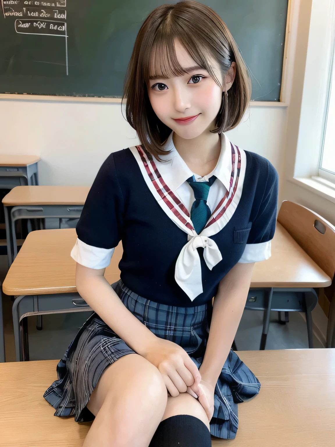(Highest quality,High resolution,masterpiece:1.3),Tabletop、((bionde)),Highest quality、figure、 Super detailedな、High resolution、8k wallpaper、Perfect dynamic composition,、Beautiful attention to detail、Natural color lip、大胆なsexlyなポーズ、smile、12-year-old girl、cute、カメラ目線のsexlyなショット、(Highest quality: 1.3), (masterpiece: 1.3), (Super detailed: 1.3), (wallpaper, One Girl: 1.1), (Detailed hands and fingers:1.2)、(Ultra-oily, lustrous skin with attention to detail:1.1)、Oily shiny knee socks、(The perfect school girl uniform:1.3)、Sailor suit、(Beautiful small breasts:1.3)、(Red checkered mini skirt:1.2)、bionde、Short Bob Hair、Beautiful sister、Light blue wall、very cute、Sitting in a chair、sexly