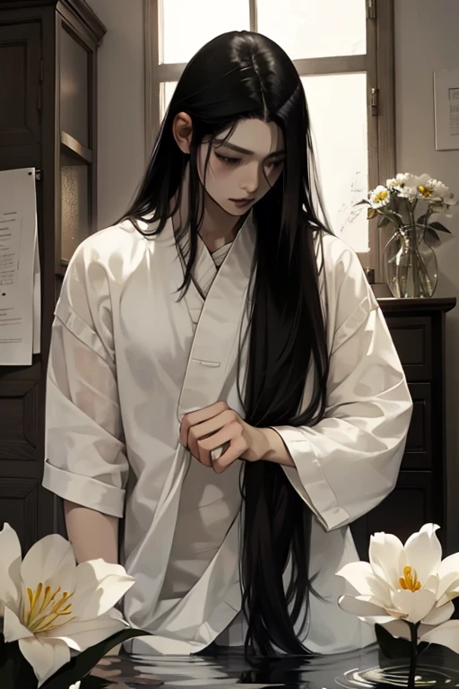 male性,male,Long black hair,long flowing hair,Soft Lighting,water ink,Low saturation,Low contrast,flower,百合のflower束,Neat and clean clothes