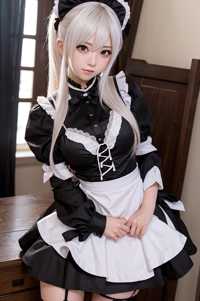 A 2D girl in a maid outfit, looking tsundere and strong-willed