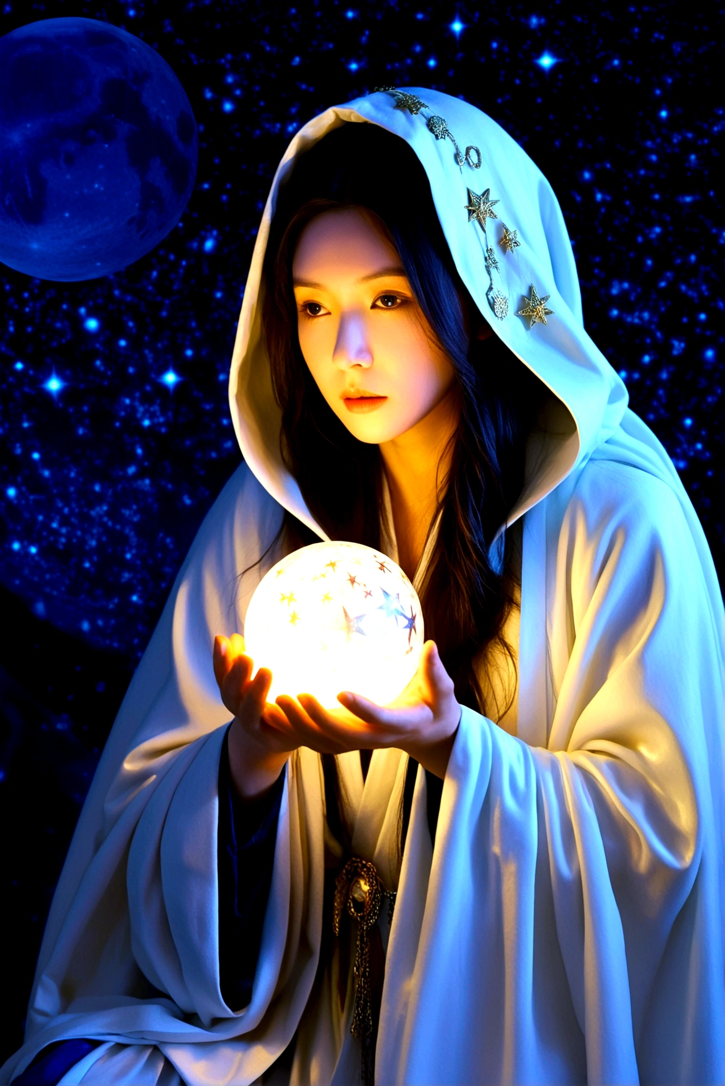 Astrologer, mystery, ancient, Starry sky background, Hold a crystal ball, Staring into the distance, The cloak flutters, night, Candlelight, ancient书籍, Star motif, Magic Runes, mystery氛围, Detailed description, High quality details, Artistic effects