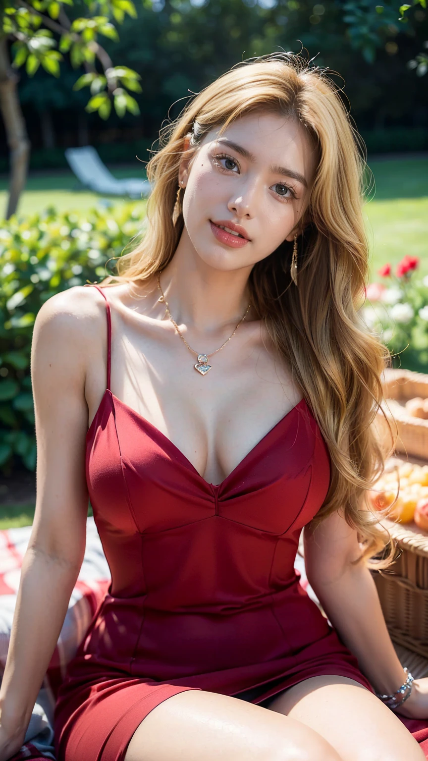 ((best quality, 8K, masterpiece :1.3)), sharp focus :1.2, Beautiful woman with perfect body :1.4, slim abs :1.2, ((big bust, emphasize division:1.3)), (Photorealistic:1.4), (realistic:1.4), Highly detailed face and skin texture, fine particles, double eyelid. makeup face. A little lipstick, Luxury hotel bedroom in the background, necklace, earring, Sex appeal, sexy etching pose, ((woman in red summer dress、She is smiling happily and striking a sexy pose while enjoying a picnic with her friends in the garden...。Blonde wavy hair is swaying gracefully。:1.3)