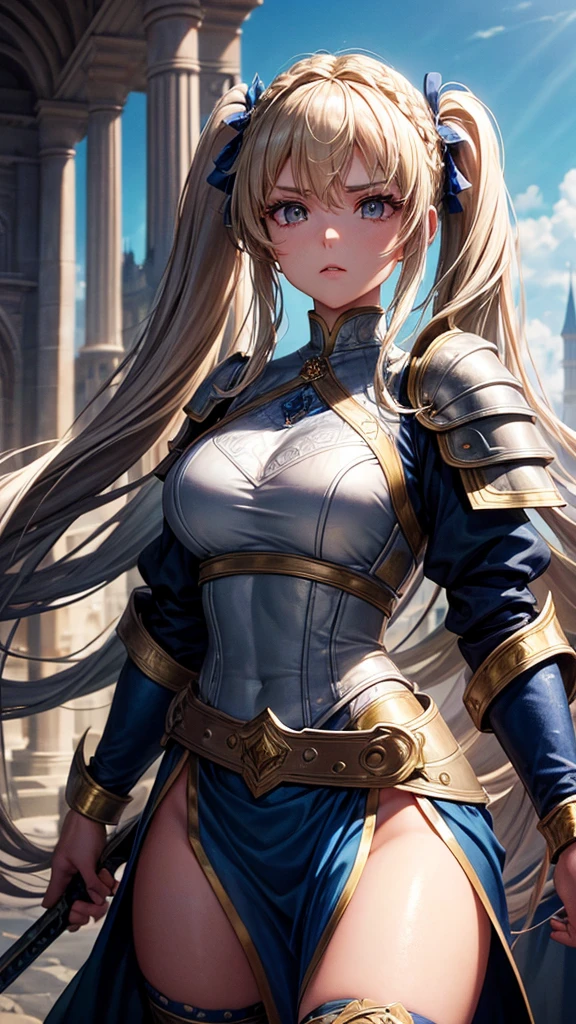 “Create a high-resolution, dynamic scene set in medieval Europe. The central figure is a glamorous woman with long blonde hair styled in twin tails, each adorned with braids. She has striking gray eyes and wears a suit of armor. In one hand, she wields a sword with confidence. The background features a majestic medieval European castle under a bright blue sky dotted with clouds. The scene captures her in a moment of fearless combat, evoking the epic feel of a movie. Pay attention to intricate details and ensure the image is vibrant and full of energy.”