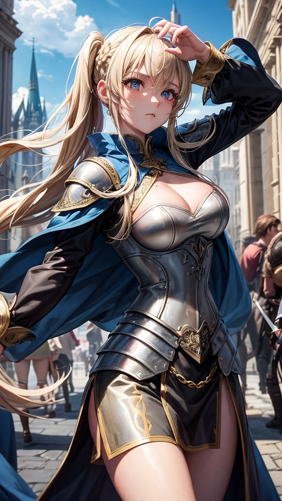 “Create a high-resolution, dynamic scene set in medieval Europe. The central figure is a glamorous woman with long blonde hair styled in twin tails, each adorned with braids. She has striking gray eyes and wears a suit of armor. In one hand, she wields a sword with confidence. The background features a majestic medieval European castle under a bright blue sky dotted with clouds. The scene captures her in a moment of fearless combat, evoking the epic feel of a movie. Pay attention to intricate details and ensure the image is vibrant and full of energy.”