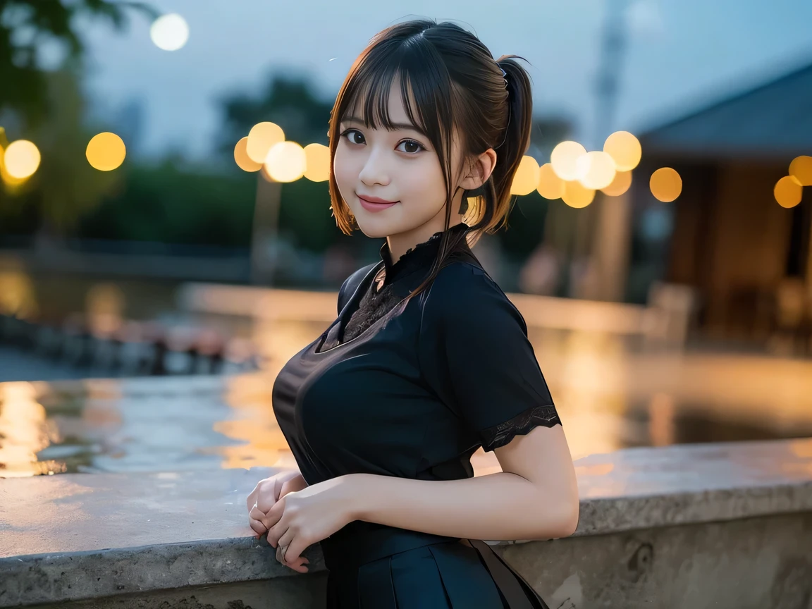 (Highest quality, masterpiece, Ultra-high resolution, 8K, RAW Photos, Realistic, Anatomically correct:1.5), 20-year-old girl:1.2, Embarrassing, avert your eyes, blush:1.0, View Viewer, ((bar)) 、Night view、 Light:1.2, Bokeh, Cinema Lighting:1.0, Depth of written boundary, sharp、 Cute face、Idol、Black short sleeve lace top、Black pleated skirt、Black clothing、”dwarf”、(Floral clothes)、(Full Body Shot)、Side angle、Cowboy Shot、 smile、(Ultra short hair、Short ponytail)、(Straight bangs)、((See-through))、(( One Girl))、Large Breasts、