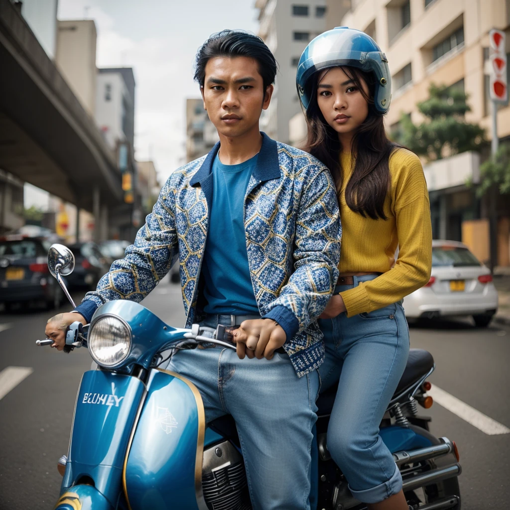 an Indonesian man, short slick-back hair, wearing a blue t-shirt and retro patterned jacket color is blue, wearing blue jeans, wearing white shoes, and an asian woman long hair, wearing yellow sweater, black jean adn whit shoes, riding a shiny blur color motorbike, wearing a classic shiny white helmet, urban background, HD quality