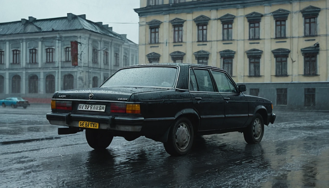 Black car from the 90s, driving against the background of old Soviet buildings, rain, rainy weather, rain, cinematic scene, cloudy weather