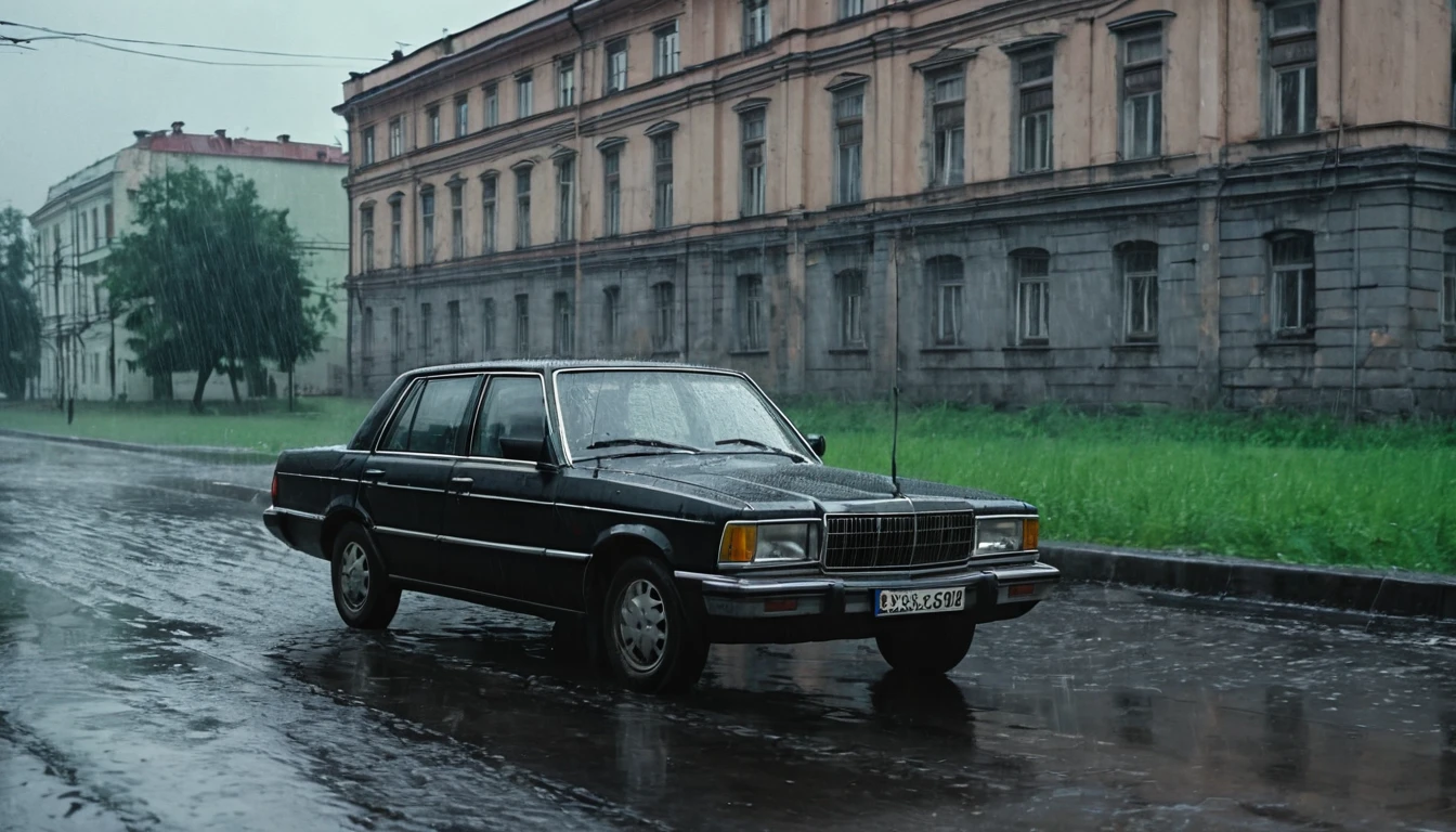 Black car from the 90s, driving against the background of old Soviet buildings, rain, rainy weather, rain, cinematic scene, cloudy weather