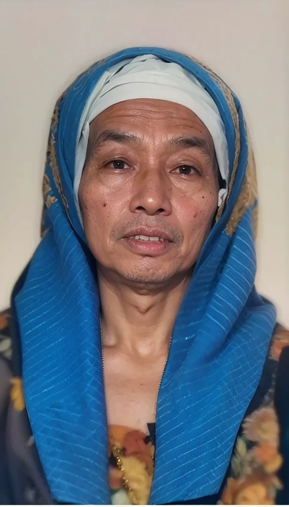 A realistis indonesian man face age 45 years wear a kebaya,ultra hd 8k