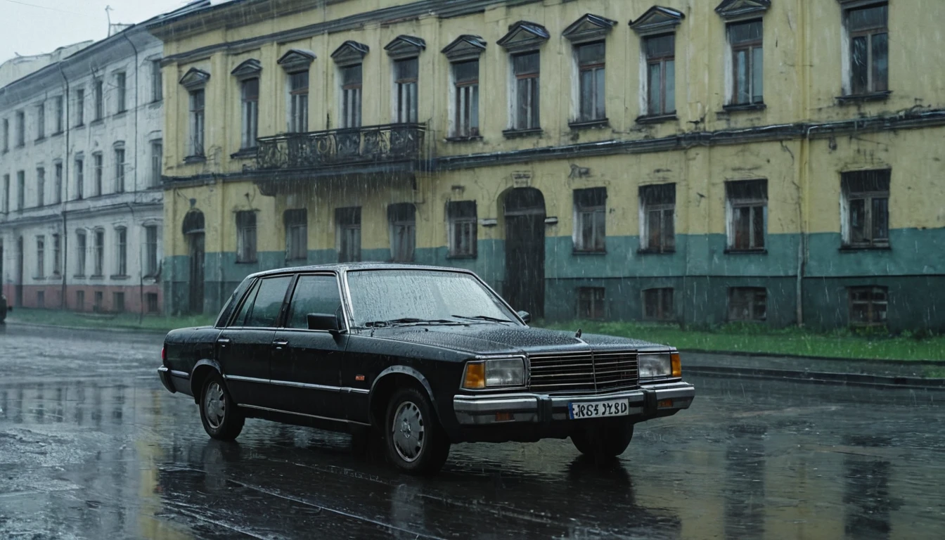 Black car from the 90s, driving against the background of old Soviet buildings, rain, rainy weather, rain, cinematic scene, cloudy weather