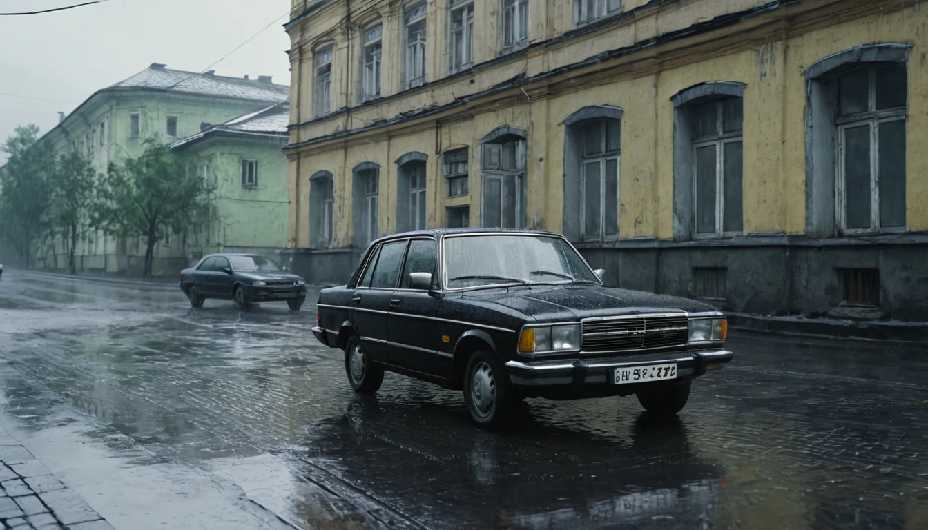 Black car from the 90s, driving against the background of old Soviet buildings, rain, rainy weather, rain, cinematic scene, cloudy weather