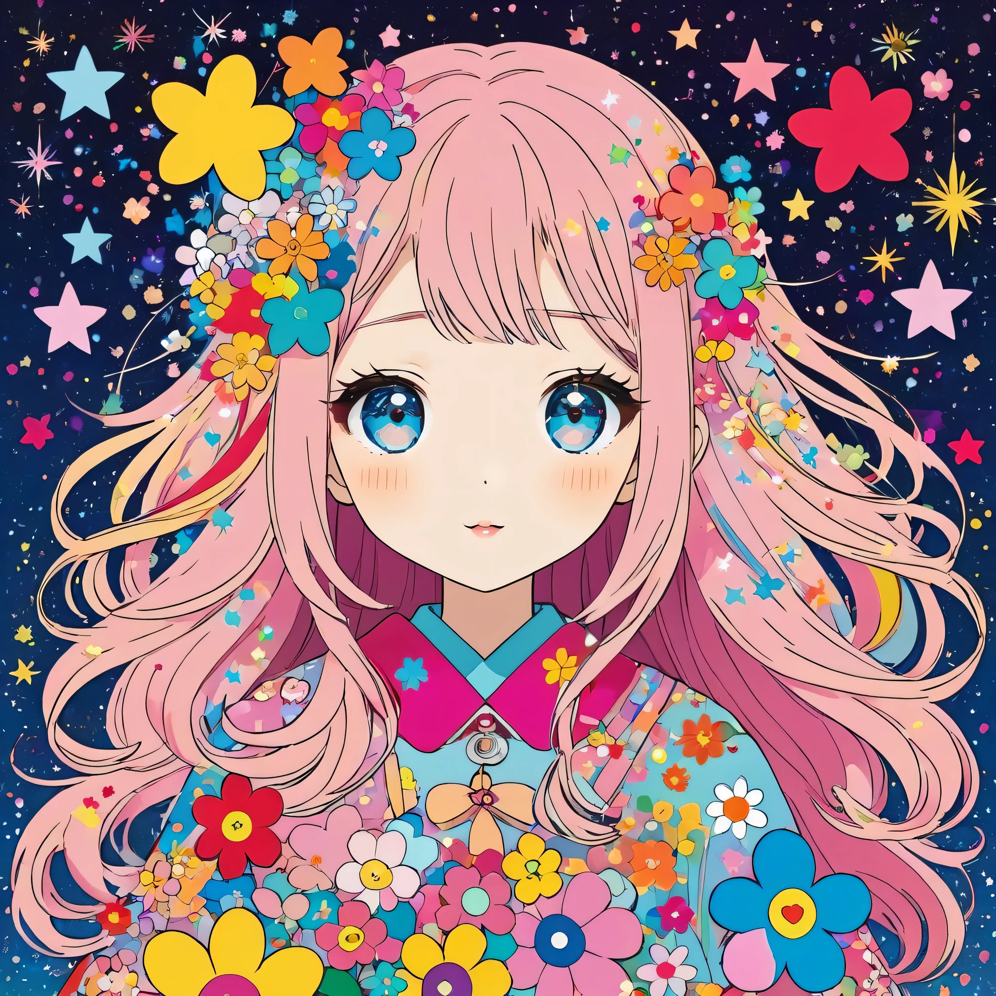 Takashi Murakami style, Simple Line Initialism,Abstract art,Kawaii Design, The most beautiful girl of all time, The background is star dust, colorful hearts, colorful flowers,