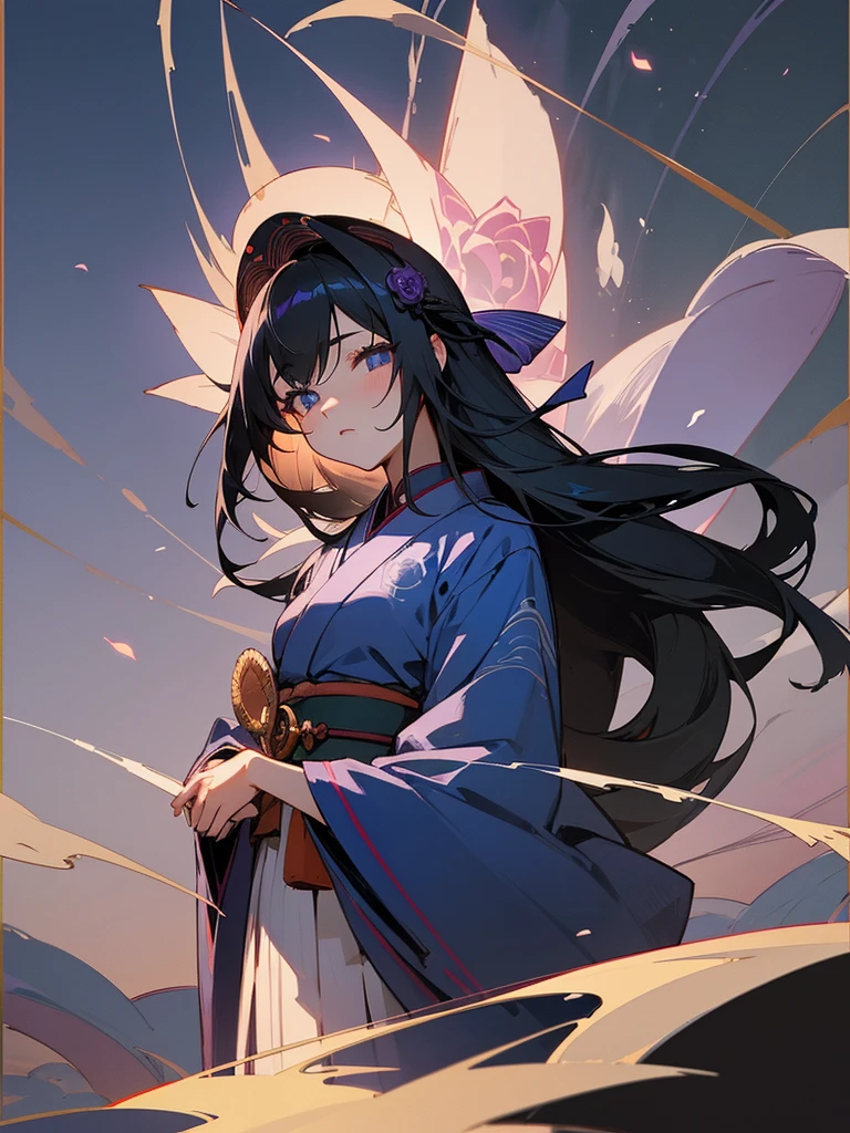 Anime illustration、masterpiece、Highest quality、One girl、Long straight black hair、Her hair is decorated with a ribbon and roses.、Wearing a kimono、The pattern is blue roses、Eyes are a violet gradation、The season is summer dusk、The background is the port、Nippon Maru is at anchor、Summer grass grows