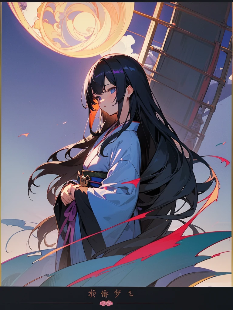 Anime illustration、masterpiece、Highest quality、One girl、Long straight black hair、Her hair is decorated with a ribbon and roses.、Wearing a kimono、The pattern is blue roses、Eyes are a violet gradation、The season is summer dusk、The background is the port、Nippon Maru is at anchor、Summer grass grows