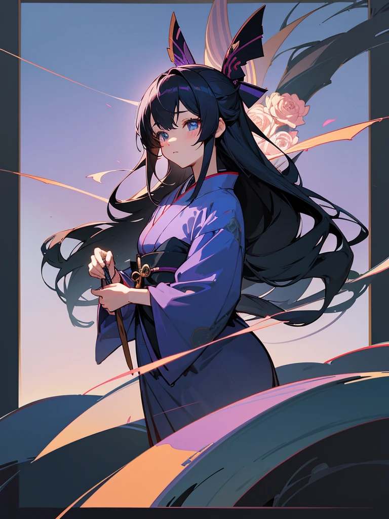 Anime illustration、masterpiece、Highest quality、One girl、Long straight black hair、Her hair is decorated with a ribbon and roses.、Wearing a kimono、The pattern is blue roses、Eyes are a violet gradation、The season is summer dusk、The background is the port、Nippon Maru is at anchor、Summer grass grows