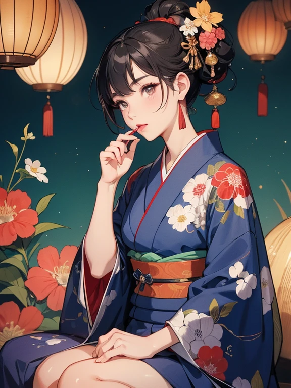 (Highest quality、masterpiece、High resolution、8K)、Ukiyo-e、Utamaro、Vibrant colors、A town girl from the Edo period、whole body、Utamaroの絵のモデル,Her hair is black and beautifully tied in a round topknot.、Decoration、The kimono is a Japanese style outfit with a colorful floral pattern.、Sitting upright 、Applying lipstick to one&#39;s lips、lips ajar、Official Art、Japanese-style room、It is a tatami room.There is a lantern placed、