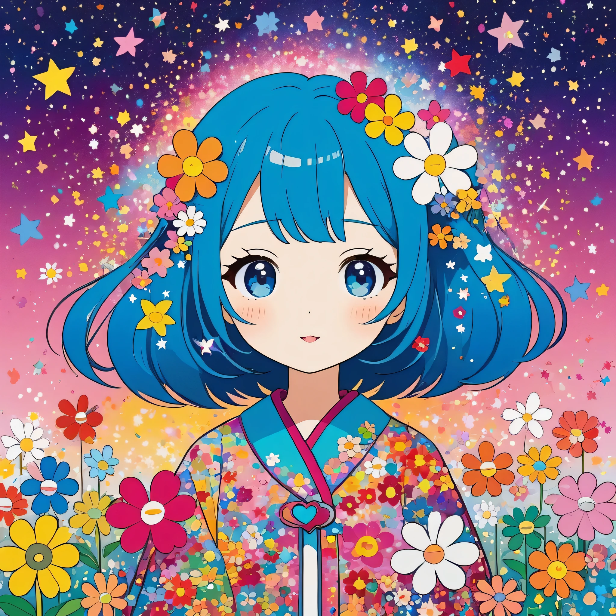 Takashi Murakami style, Simple Line Initialism,Abstract art,Kawaii Design, The most beautiful girl of all time, The background is star dust, colorful hearts, colorful flowers,