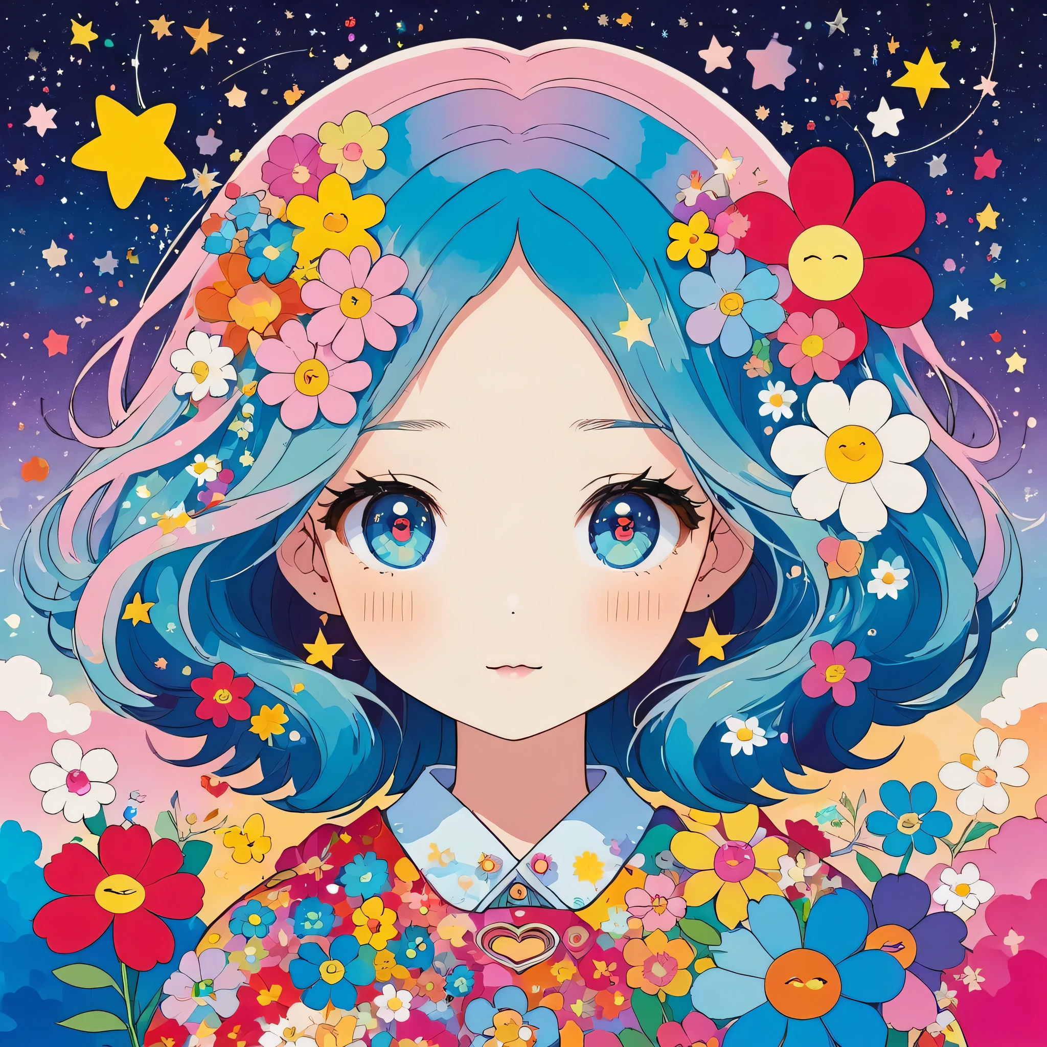Takashi Murakami style, Simple Line Initialism,Abstract art,Kawaii Design, The most beautiful girl of all time, The background is star dust, colorful hearts, colorful flowers,