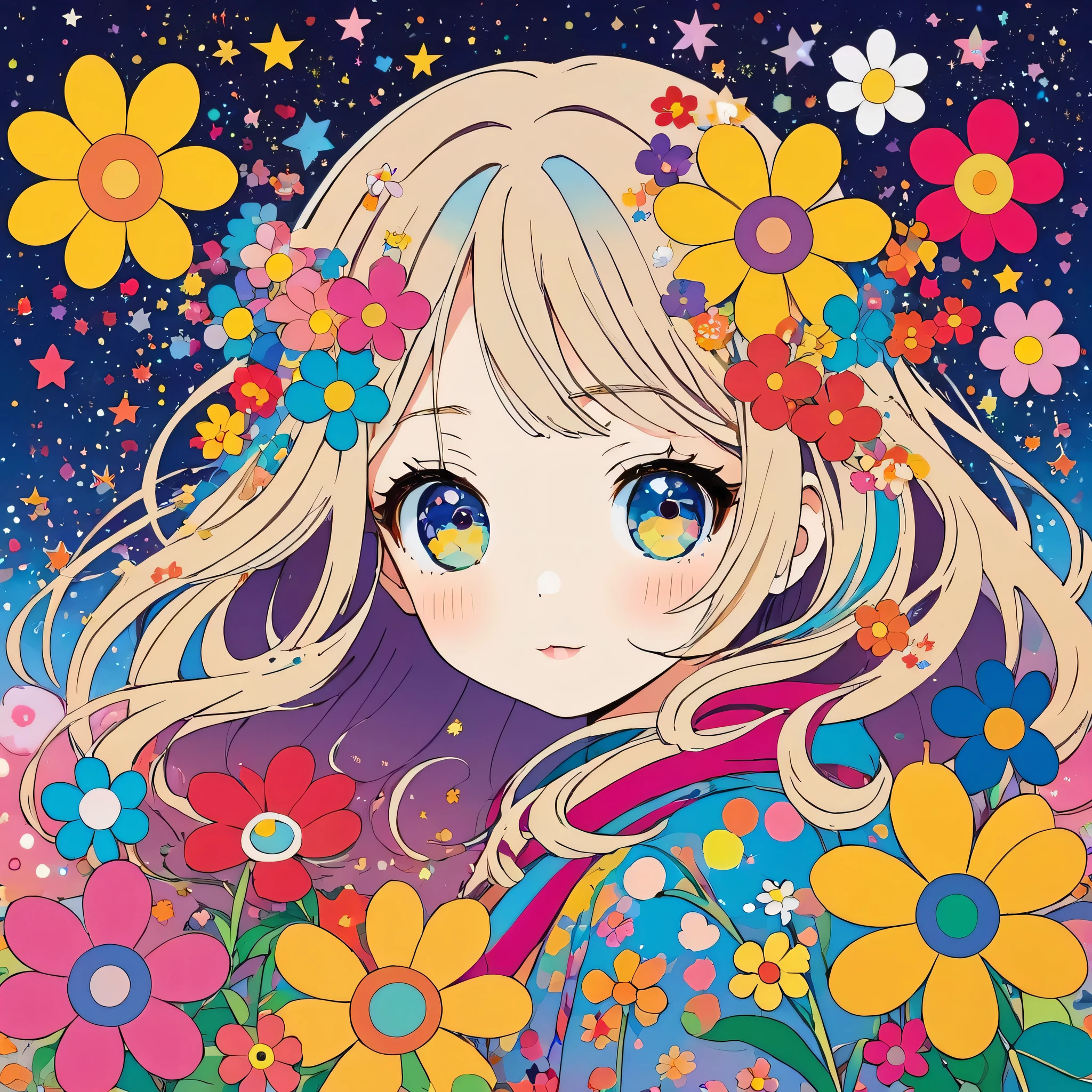 Takashi Murakami style, Simple Line Initialism,Abstract art,Kawaii Design, The most beautiful girl of all time, The background is star dust, colorful hearts, colorful flowers,