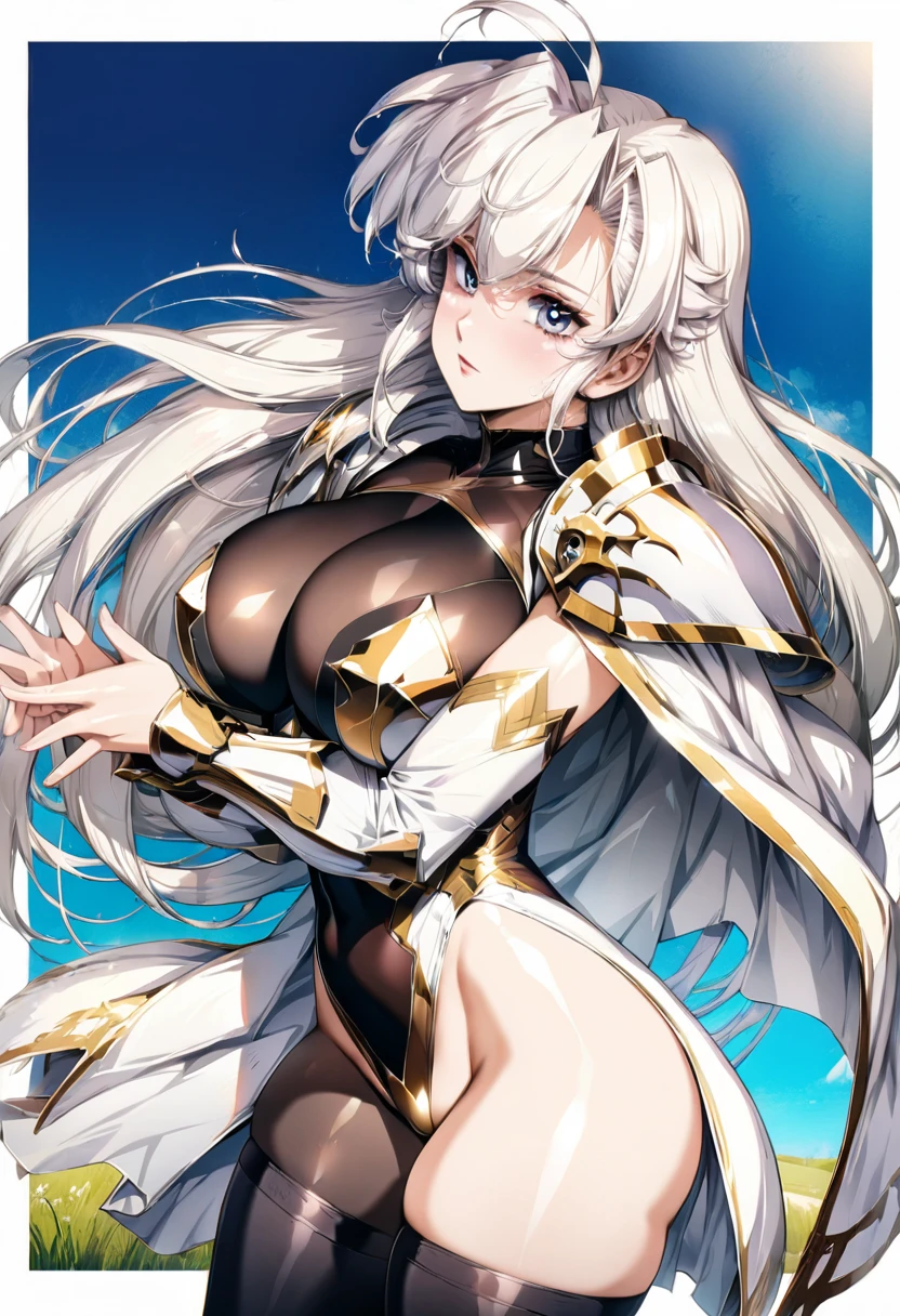 ((highest quality)), ((masterpiece)), ((hyperrealistic)), (detailed background), anime style, solo, from side, 1girl, ((curvy: 1.2)), kawaii, paladin, ((Lamé black racing leotard)), ((see-through catsuit leotard)), (paladin armor), (breastplate armored dress), cloak de cour, gauntlet, gloves, white hair, ahoge, (huge breasts), see-through cleavage cutout, (zettai ryouiki black knee socks), (black see-through pantyhose thighs), (groin), beautiful eyes, perfect face, Perfect hands, perfect fingers, Blue sky and grassland,