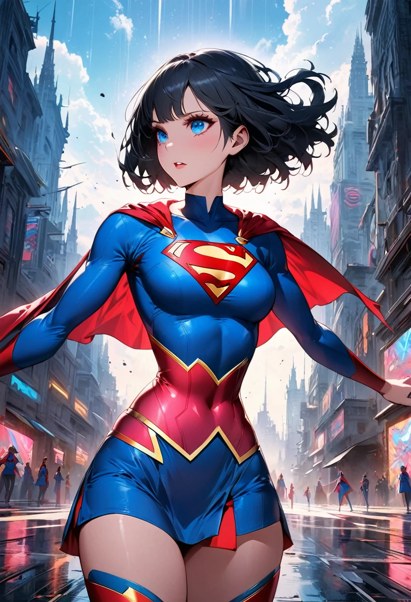 ((upscale comic artwork image)),((high resolution 4k drawing illustration supergirl digital art)),comic design character,dark art,raw graphics,body,((flying pose)),sweet affection,high definition graphics,black hair,blue eyes,hyper detailed face,sky background,lush details,minute details,detailed background,(( composition)) octane render