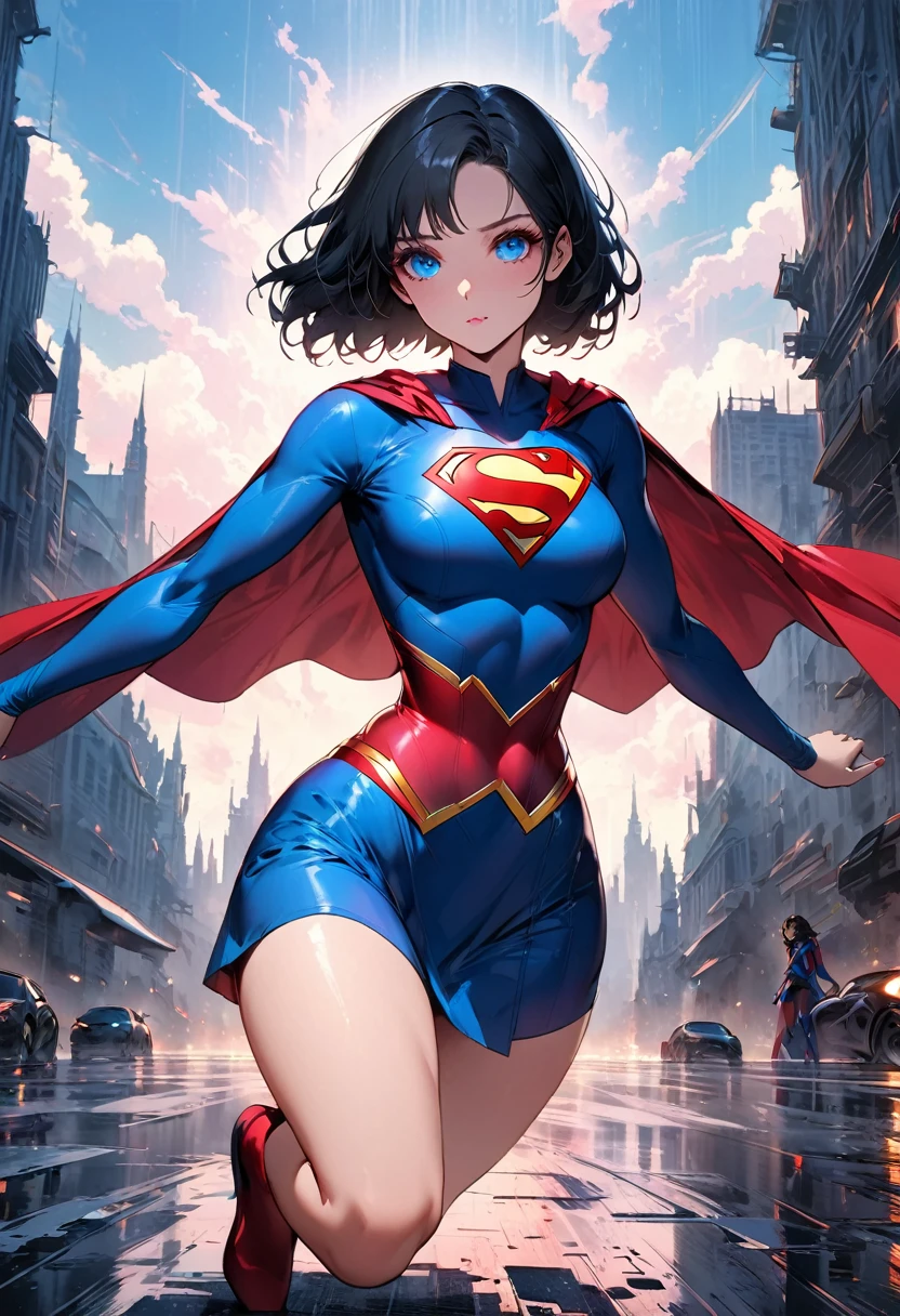 ((upscale comic artwork image)),((high resolution 4k drawing illustration supergirl digital art)),comic design character,dark art,raw graphics,body,((flying pose)),sweet affection,high definition graphics,black hair,blue eyes,hyper detailed face,sky background,lush details,minute details,detailed background,(( composition)) octane render