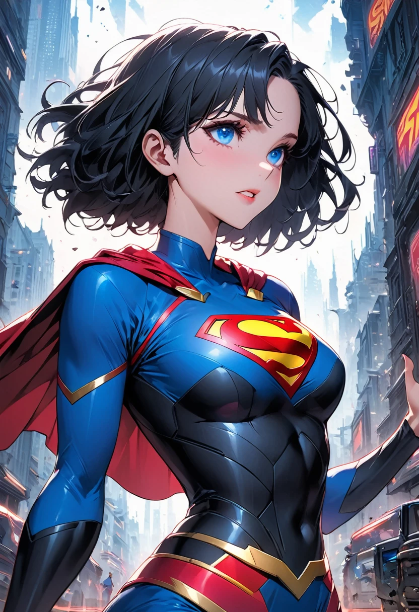 ((upscale comic artwork image)),((high resolution 4k drawing illustration supergirl digital art)),comic design character,dark art,raw graphics,body,((flying pose)),sweet affection,high definition graphics,black hair,blue eyes,hyper detailed face,sky background,lush details,minute details,detailed background,(( composition)) octane render