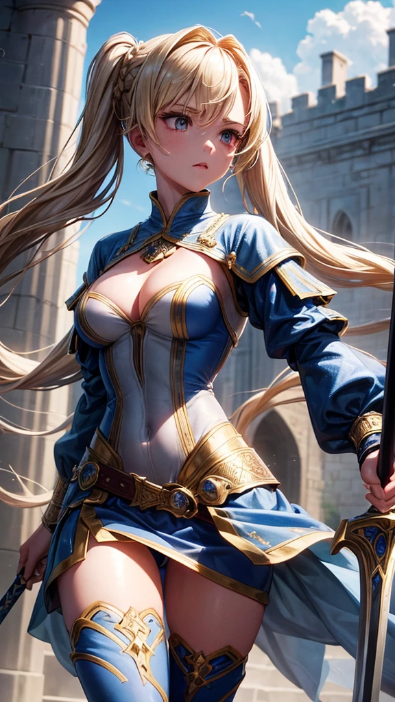 “Create a high-resolution, dynamic scene set in medieval Europe. The central figure is a glamorous woman with long blonde hair styled in twin tails, each adorned with braids. She has striking gray eyes and wears a suit of armor. In one hand, she wields a sword with confidence. The background features a majestic medieval European castle under a bright blue sky dotted with clouds. The scene captures her in a moment of fearless combat, evoking the epic feel of a movie. Pay attention to intricate details and ensure the image is vibrant and full of energy.”