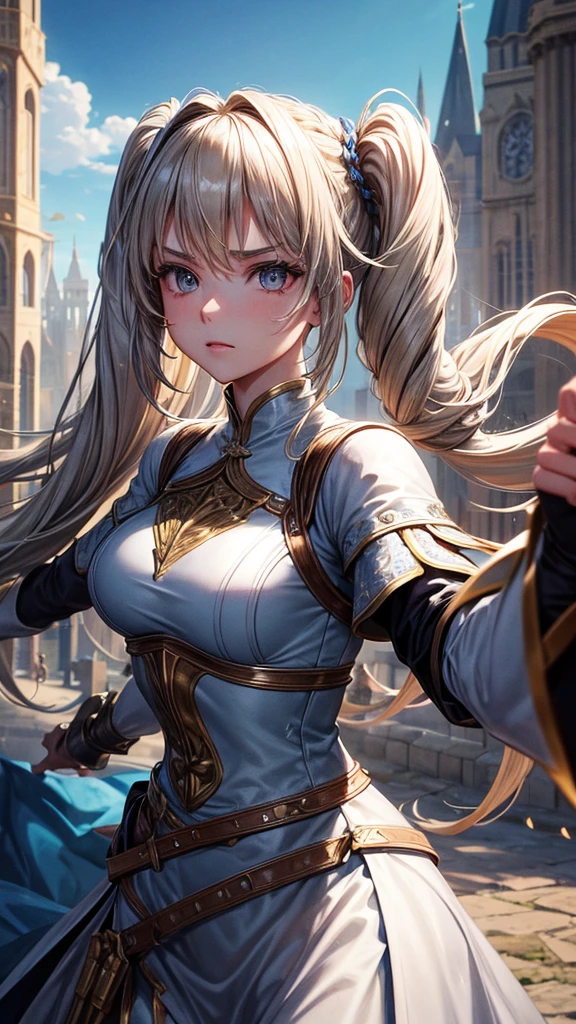 “Create a high-resolution, dynamic scene set in medieval Europe. The central figure is a glamorous woman with long blonde hair styled in twin tails, each adorned with braids. She has striking gray eyes and wears a suit of armor. In one hand, she wields a sword with confidence. The background features a majestic medieval European castle under a bright blue sky dotted with clouds. The scene captures her in a moment of fearless combat, evoking the epic feel of a movie. Pay attention to intricate details and ensure the image is vibrant and full of energy.”