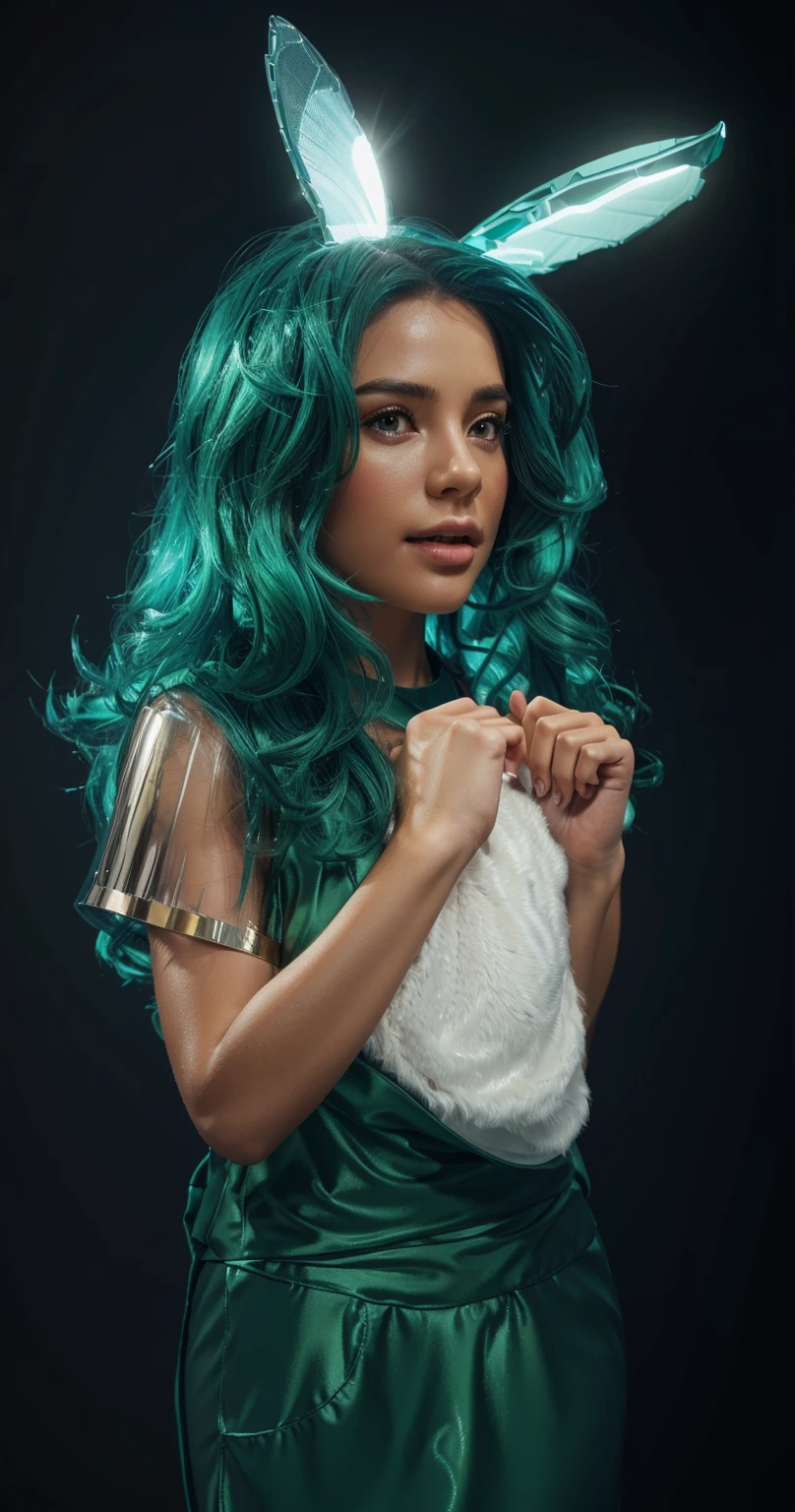 The image depicts a young girl with green hair and a costume that resembles a teddy bear. She is holding a white object in her right hand and has her left hand on her chest, smooth 3d model, glossy plastic texture, multiple light sources, rim light, sharp post effects render, most beautiful vfx, , realistic, 4k, high resolution, rim light, smooth 3d model. ,  glossy texture, smooth 3d model, multiple light sources, rim light, sharp post effects render, (glossy plastic texture with multiple big light probe refractions), perfect cgi,   reflective, best quality, 4k, masterpiece:1.2, ultra-detailed, realistic, vivid colors, The image of the highest quality, ensuring every detail showcased perfectly. It in 4k resolution, allowing viewers to immerse themselves in the richness of the colors and intricate details. The realistic rendering. under the spotlight, reflecting, high-resolution image, realistic rendering