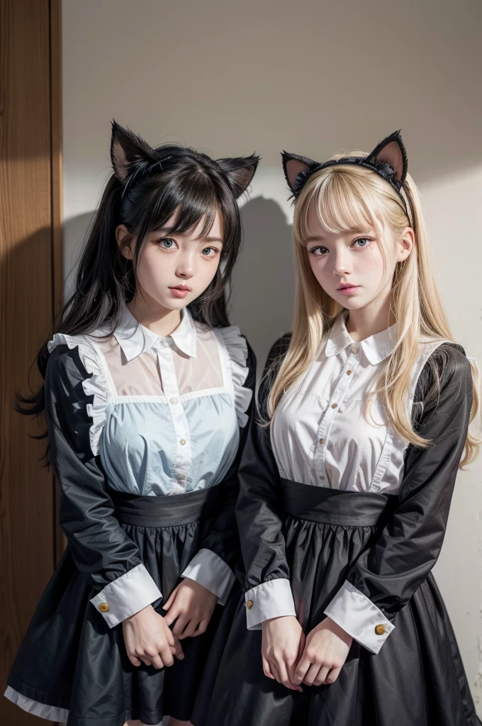 Two girls standing next to each other, they look like best friends, the one on the right is wearing a pink maid uniform, her hair is black and she has cat ears on her head and her eyes are black, the girl on the left is wearing a light blue maid uniform and her hair is blonde and her eyes are green, the girl on the right is shorter than the girl The one on the left, the background is white only, Their faces are clear and close to the camera 