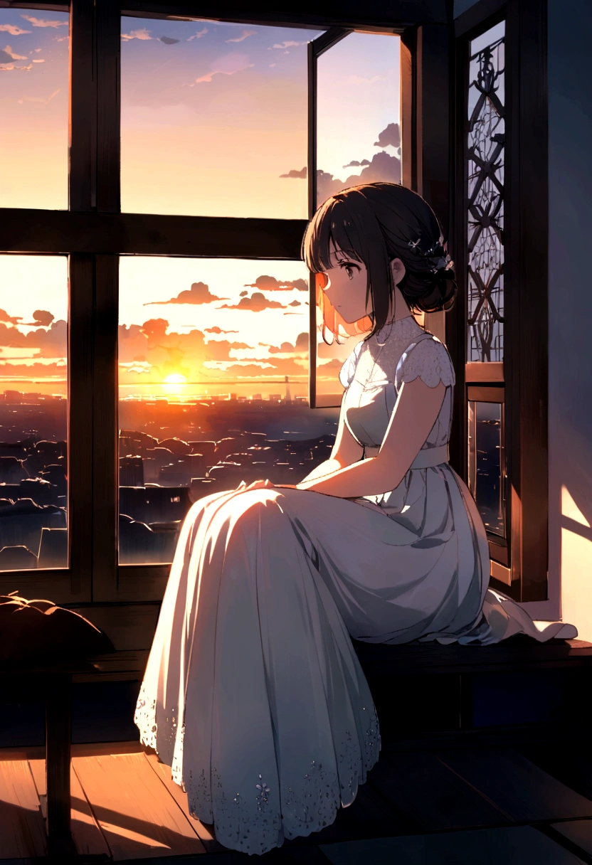 sunset, window,Sitting, girl, 大きなwindow, windowから海が見える, windowから地平線が見える,