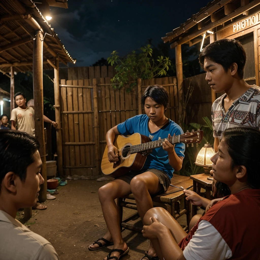A stunning, high-quality photograph of six Indonesian youths, aged 20, gathered on a residential street at night. They are wearing casual clothes in a variety of vibrant colors, creating a lively and diverse scene. One of the youths is playing an acoustic guitar, contributing to the cheerful atmosphere. In the background, a bamboo hut with a 'Pos Ronda' label adds a touch of local charm to the image. The photo is expertly captured using DSLR, showcasing the natural beauty and detailed expressions of the subjects. This portrait photography masterpiece beautifully captures the essence of youth, camaraderie, and the Indonesian culture., wildlife photography, photo, portrait photography