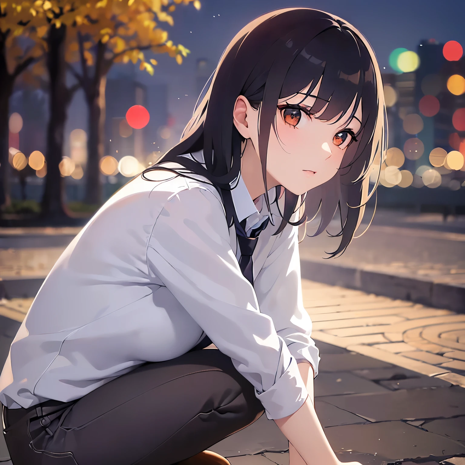 (looking away:1.5),full Body, Realistic, real person, (pale skin: 1.2), RAW photo, photorealistic, shiny skin, shiny hair、 (A 25-year-old woman with bob hair and bangs) and (wavy hair) and (brown hair) and (Orange Eyes)、(business suit:1.5)and (Wearing a white collared shirt)、 ,wiping tears,crouching、(Background is a park at night:1.5)