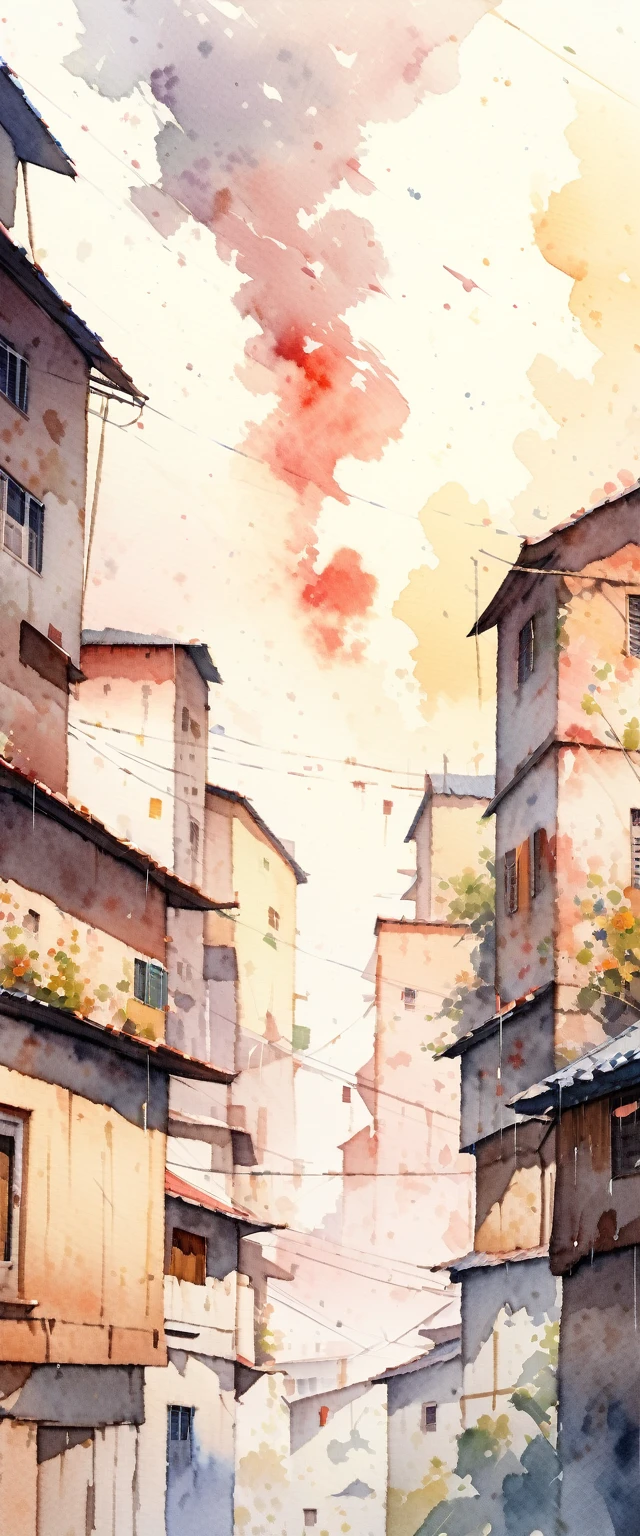 (Very beautiful and detailed watercolor painting:1.4), Very beautiful cityscape , Smoke and dust from many slums rises to the ground, rain ,quality\(8K,非常に精細なCGユニットのwallpaper, masterpiece,High resolution,top-quality,top-quality real texture skin,Surreal,Increase the resolution,RAW Photos,最高quality,Very detailed,wallpaper\)