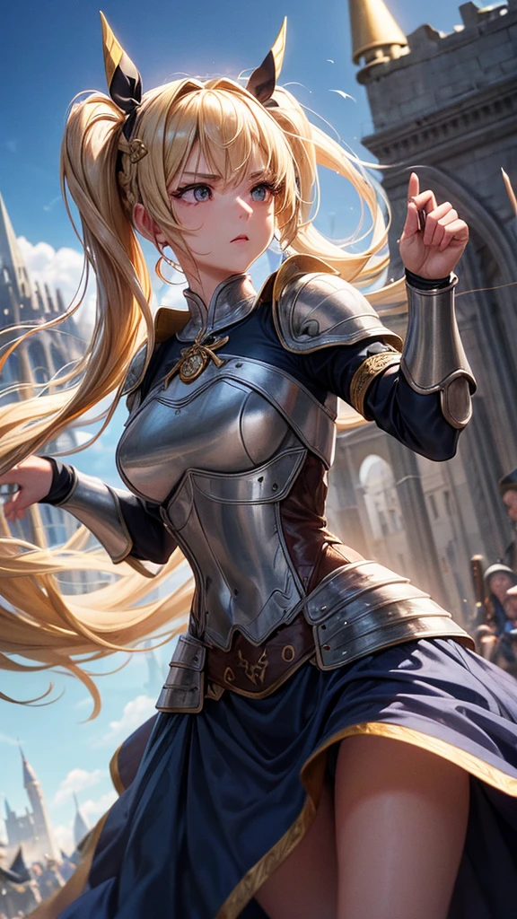 “Create a high-resolution, dynamic scene set in medieval Europe. The central figure is a glamorous woman with long blonde hair styled in twin tails, each adorned with braids. She has striking gray eyes and wears a suit of armor. In one hand, she wields a sword with confidence. The background features a majestic medieval European castle under a bright blue sky dotted with clouds. The scene captures her in a moment of fearless combat, evoking the epic feel of a movie. Pay attention to intricate details and ensure the image is vibrant and full of energy.”