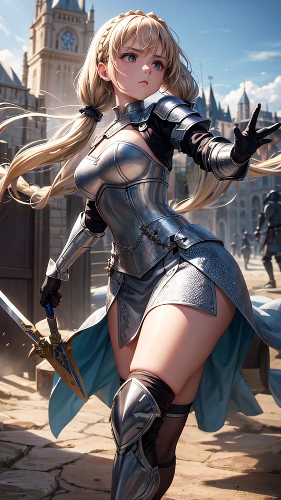 Warrior, armor, steel breastplate, steel gauntlets, steel gloves, medieval costume, blonde, straight hair, ultra realistic, ultra detailed, best quality, wallpaper, short skirt, blue skirt, back, white panties, thong panties, thong, pantyshot, upskirt, panties appearing, realistic, 8k, D&D, RAW, ass, bare legs,
